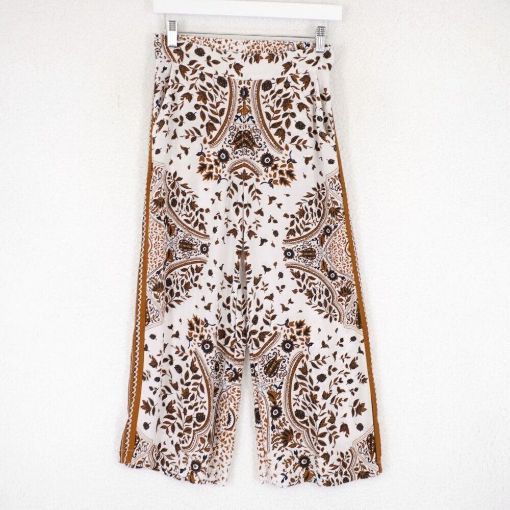 Tahari White Brown Floral XS Wide Leg Pants Thin Lightweight Flowing‎ Soft 27/22